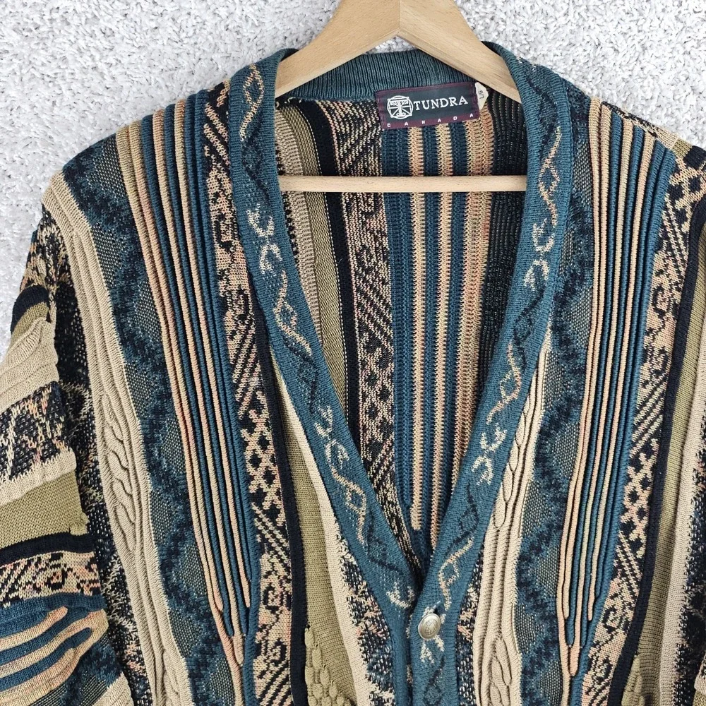 Vintage Tundra Canada Knit Sweater Cardigan Size Large 90s Coogi Style 3D Cotton